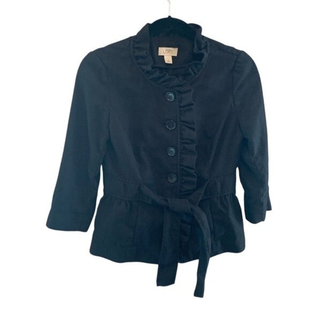 LOFT‎ Ruffle Jacket Tie Waist Black Cropped 3/4 Sleeve Linen/Cotton Blend Size 2